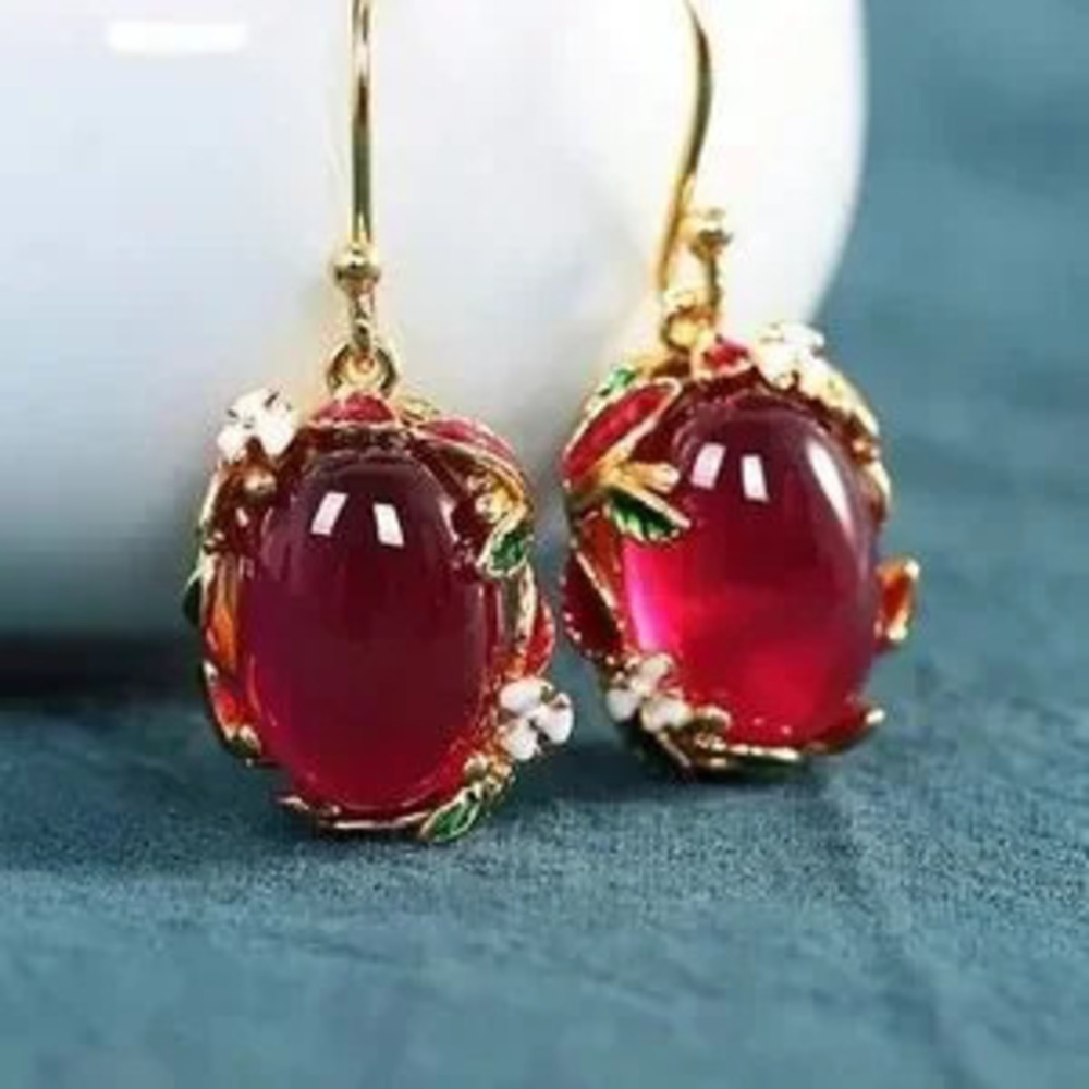 Vintage Ruby Red Enamel Lotus Drop Earrings